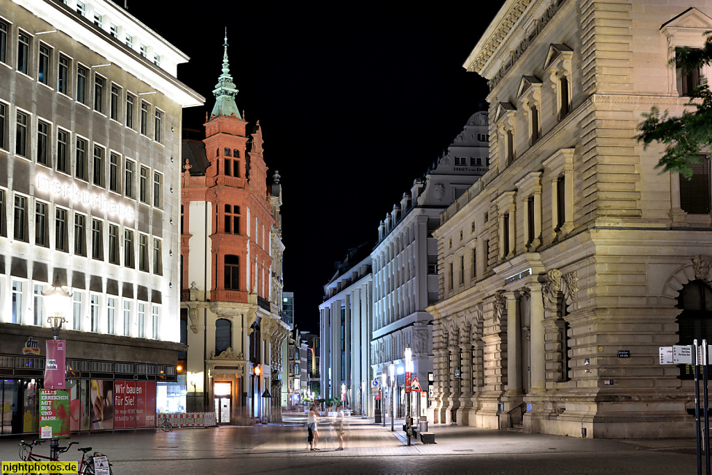 Leipzig Petersstrasse mit Klingerhaus von 1888. Stentzlers Hof von 1916. Musikschule ehemals Reichsbank von 1887