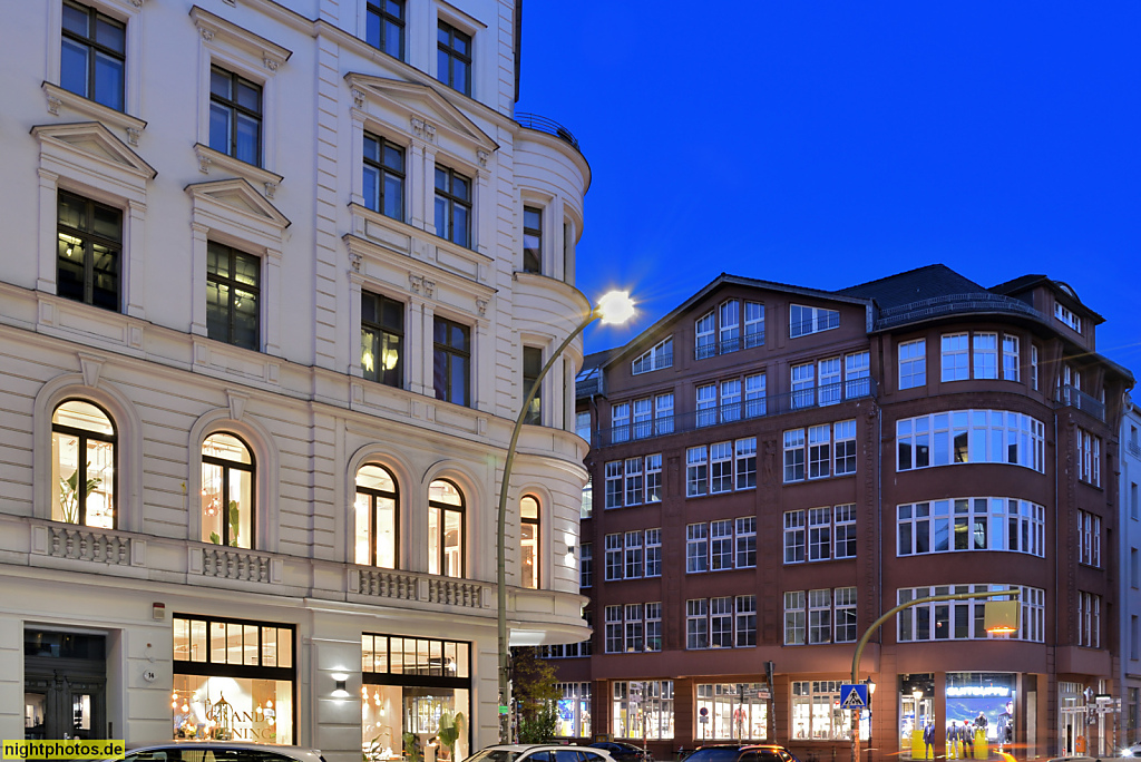 Berlin Mitte Spandauer Vorstadt. Wohn- und Geschäftshaus erbaut 1883 (links) Münzstrasse 14. Geschäftshaus erbaut 1909-1910 von Albert Wehe (rechts) Max-Beer-Strasse 2