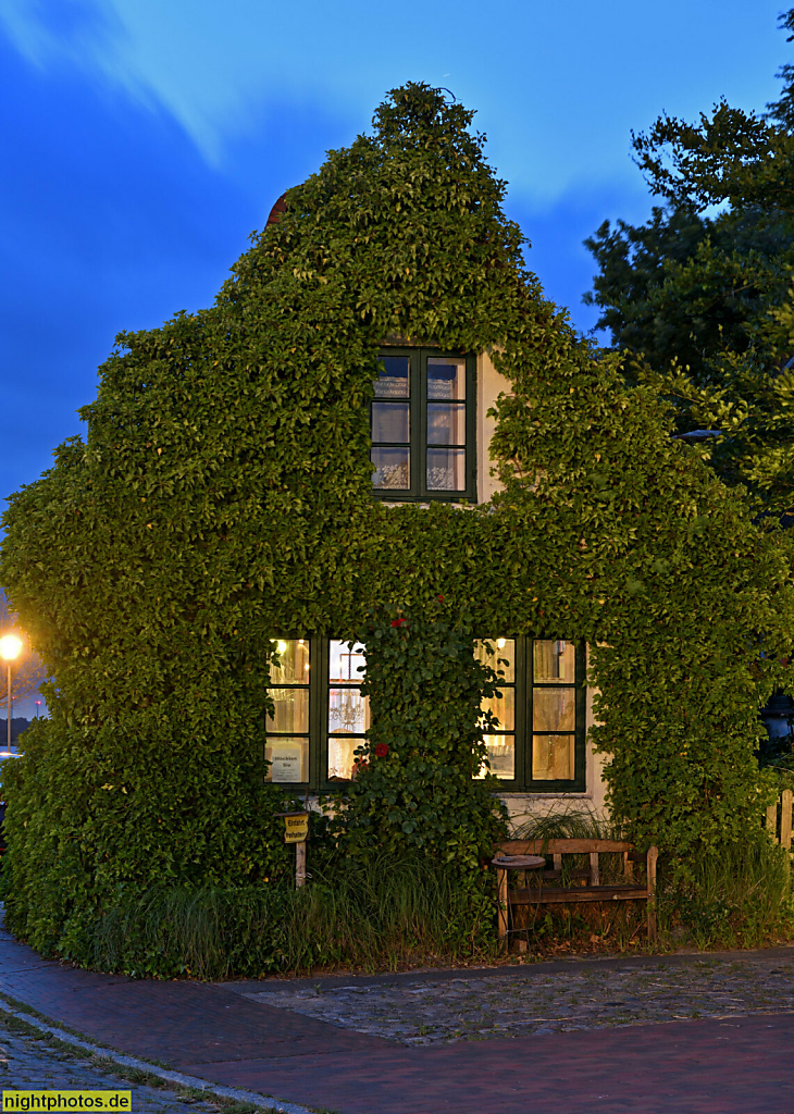 Neustadt in Holstein. Bewachsenes Haus mit Satteldach. Am Binnenwasser 1