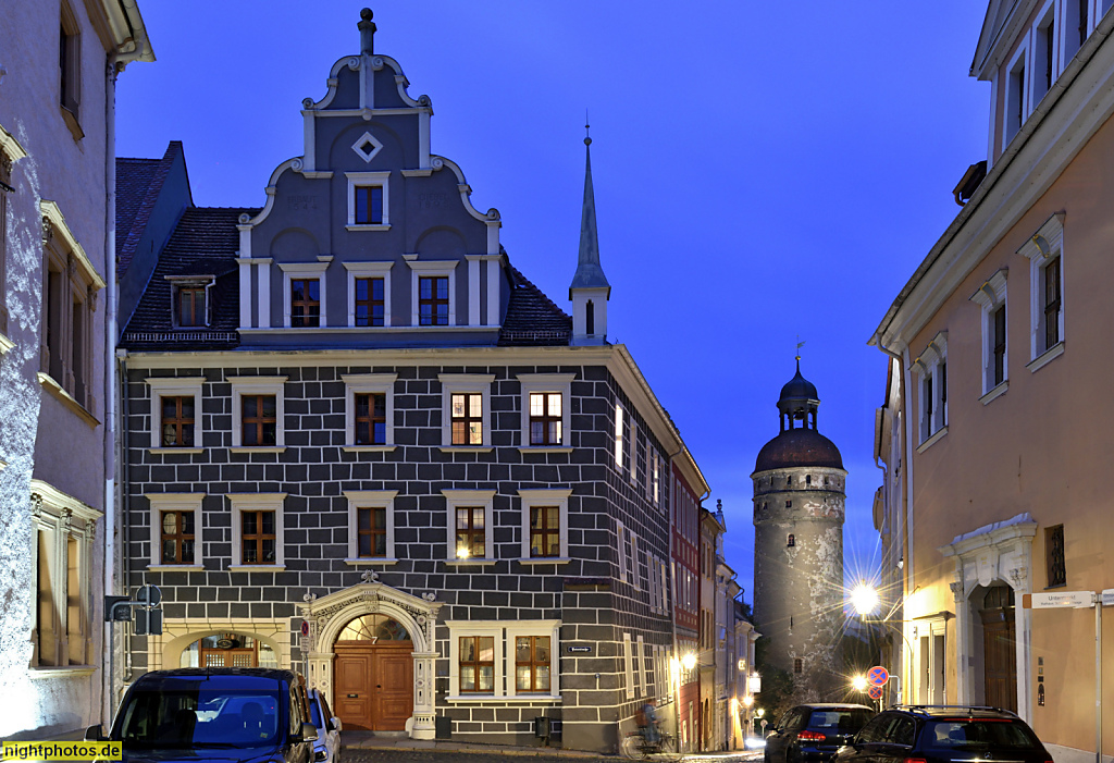 Görlitz. Wohnhaus erbaut 1544 als Renaissancebau mit Putzquaderung von Wendel Roskopf. Giebel erbaut 1895. Peterstrasse 7. Nikolaiturm