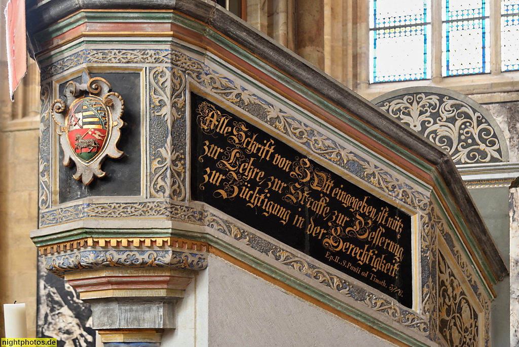 Meißner Dom. Dreischiffige gotische Hallenkirche. Erbaut 1266-1293. Sandsteinkanzel von 1591