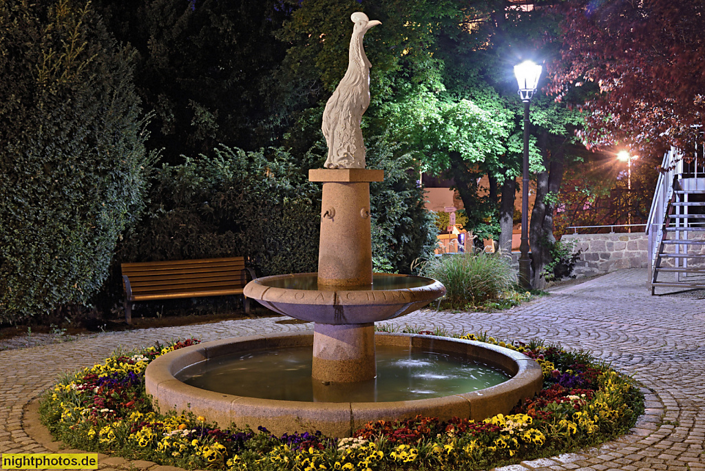 Meißen. Kändlerbrunnen von Ludwig Zepner errichtet 1960. Darstellung eines Helm-Kasuar aus Porzellan nach Modell von Joachim Kändler (1706-1775). Kändlerpark an der Altstadtbrücke