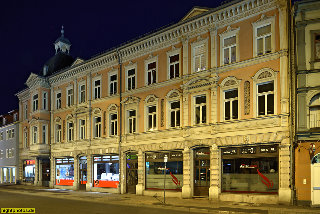 Eisenach. Wohn- und Geschäftshaus. Gründerzeitfassade mit Sockelquaderung und Fassadenschmuck. Dachturm und Dachreiter. Johannisstrasse 18-20