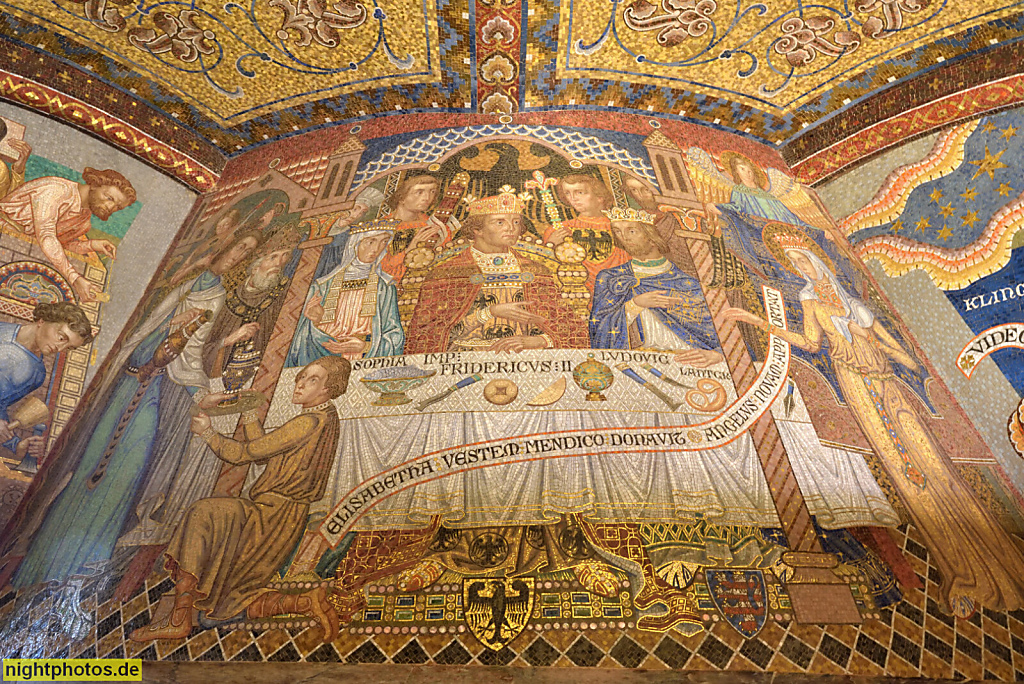 Eisenach. Wartburg. Erbaut 1067 v Ludwig dem Springer. Wiederaufbau 1853-1859 durch Hugo von Ritgen für Großherzog Carl Alexander von Sachsen-Weimar-Eisenach. Elisabethkemenate mit Mosaiken und Wandmalerei im neobyzantinischen Stil erschaffen 1902-1906 vo