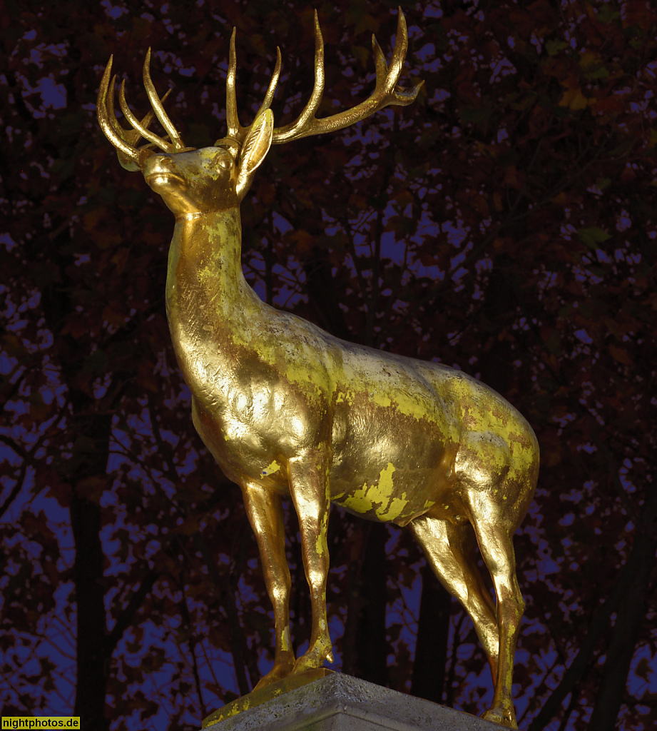 Berlin Schöneberg. Hirschbrunnen im Rudolph-Wilde-Park. Planung Stadtbauinspektor Paul Wolf. Vergoldete Hirschskulptur aus Bronze von August Gaul 1912 auf Säule aus Muschelkalk