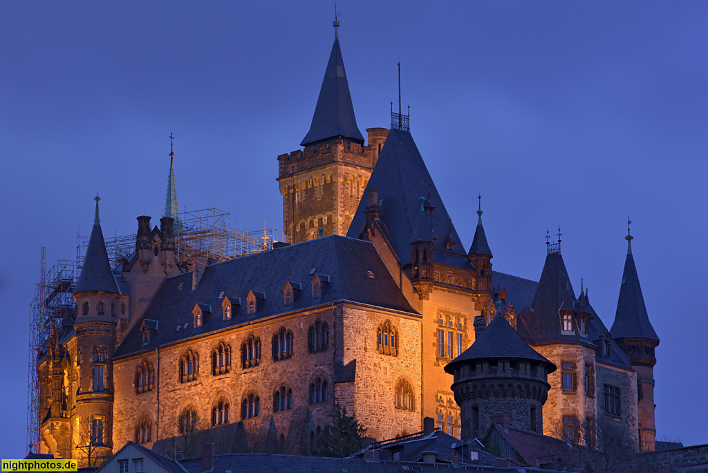 Wernigerode Schloss. Residenz Grafen zu Stolberg ab 1427. Wehranlagen von 1494. Umbau Barockschloss 1671-1676. Umbau historistisch 1862-1885 von Baumeister Carl Frühling für Graf Otto