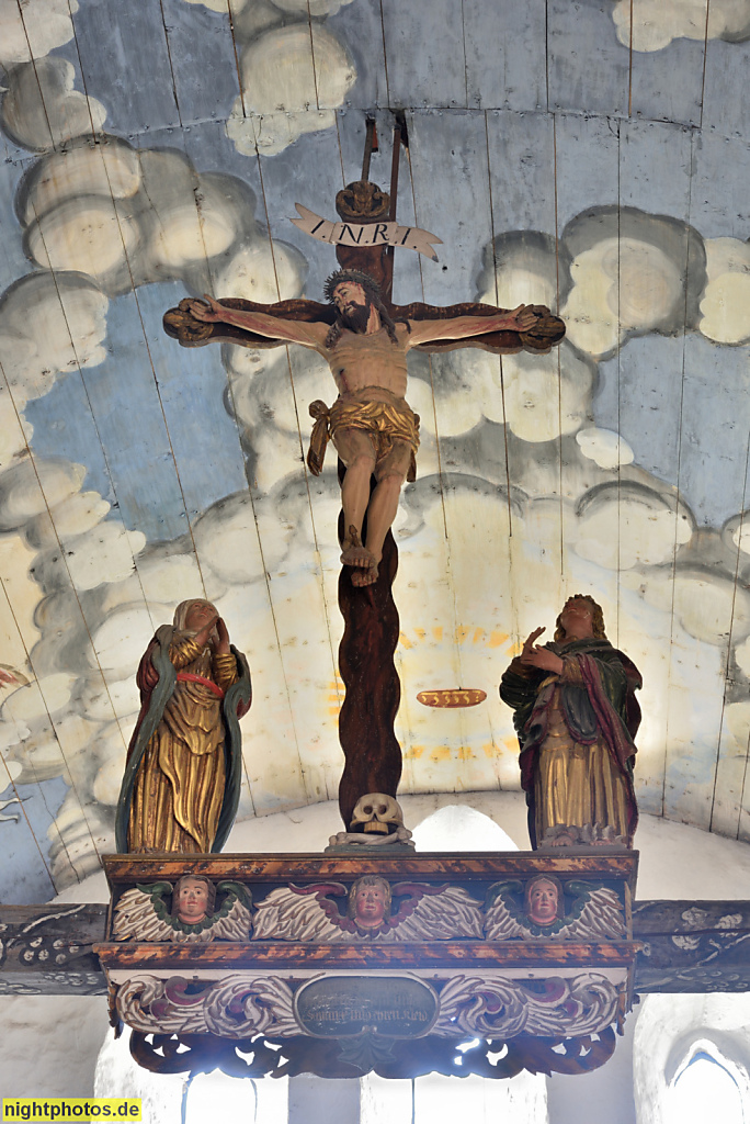 Wernigerode. St.Theobaldi-Kapelle erb 1400 von Graf Heinrich von Wernigerode. Tonnengewölbe. Triumphkreuz. Barocke Bemalung 1636 von Michael Sperling