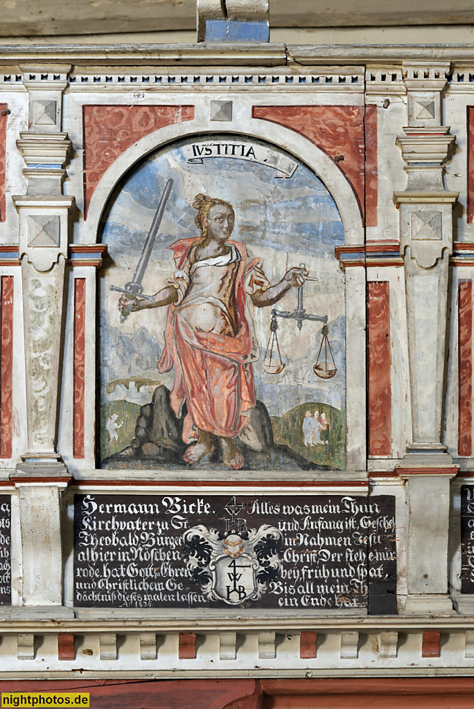 Wernigerode. St.Theobaldi-Kapelle erb 1400 von Graf Heinrich von Wernigerode. Emporenbrüstung. Barocke Bemalung 1636 von Michael Sperling. Justitia