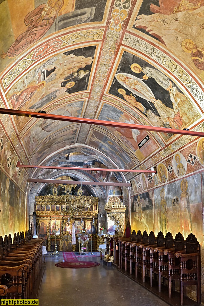 Rhodos. Laerma. Kloster Moni Thari. Kirche. Byzantinisch erbaut im 14.-16.Jahrhundert. Verlassen nach 1916. Erneut bewohnt seit 1989. Tonnengewölbe mit Fresken. Chorgestühl