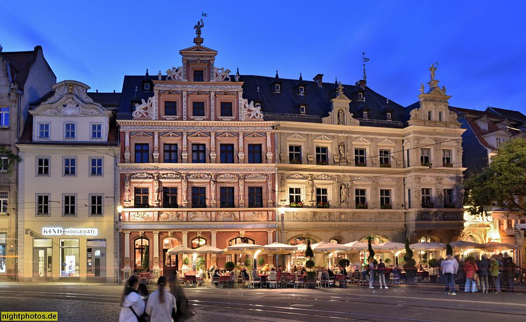 Erfurt. Wohn- und Geschäftshaus 'Zum goldenen Löwen'. Geschäftshaus 'Zum Breiten Herd mit Gastronomie. Geschäftshaus Zum Stötzel als Gildehaus. Fischmarkt 12-16
