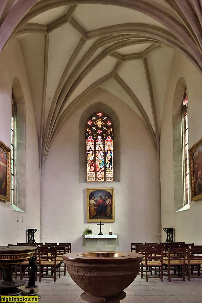 Naumburg. Evangelischer Dom St Peter und Paul. Erbaut ab 13. Jhdt. Dreikönigskapelle erbaut 1416 von Bischof Gerhard II. von Goch. Taufbecken. Netzrippengewölbe